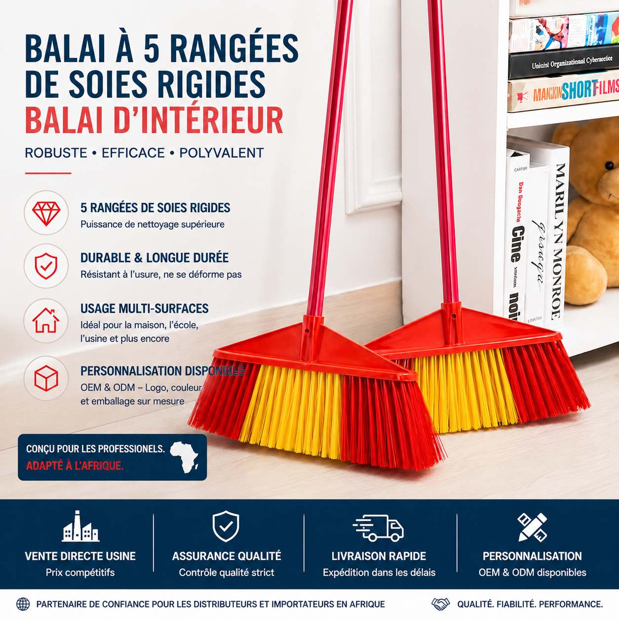 5‑Row Stiff Bristle Indoor Broom