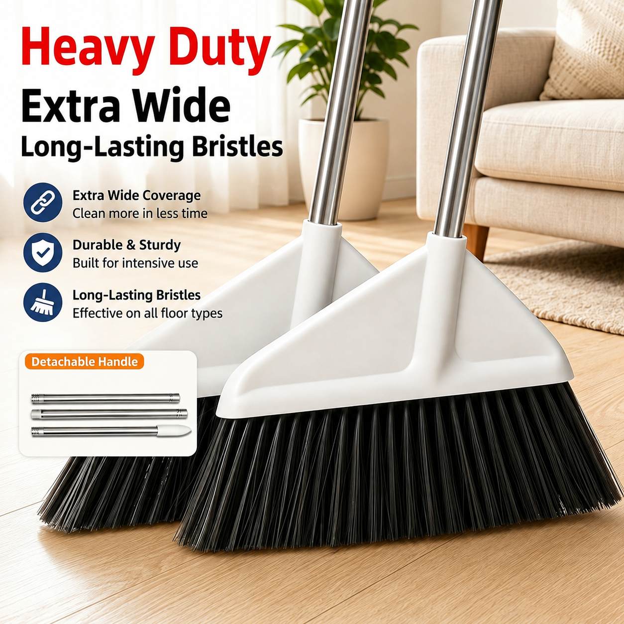 Extra Wide Sweeping Broom with Detachable Stainless Steel Handle
