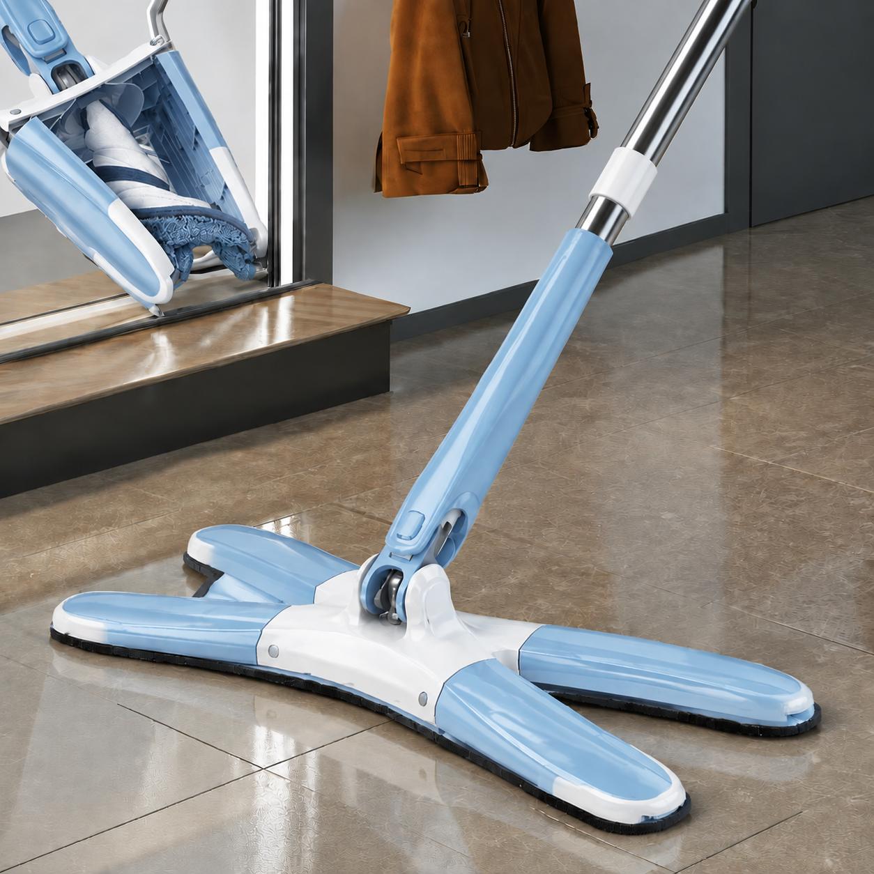 Blue‑White Spinning Flat Mop with Stainless Steel Pole Blue‑White Spinning Flat Mop with Stainless Steel Pole