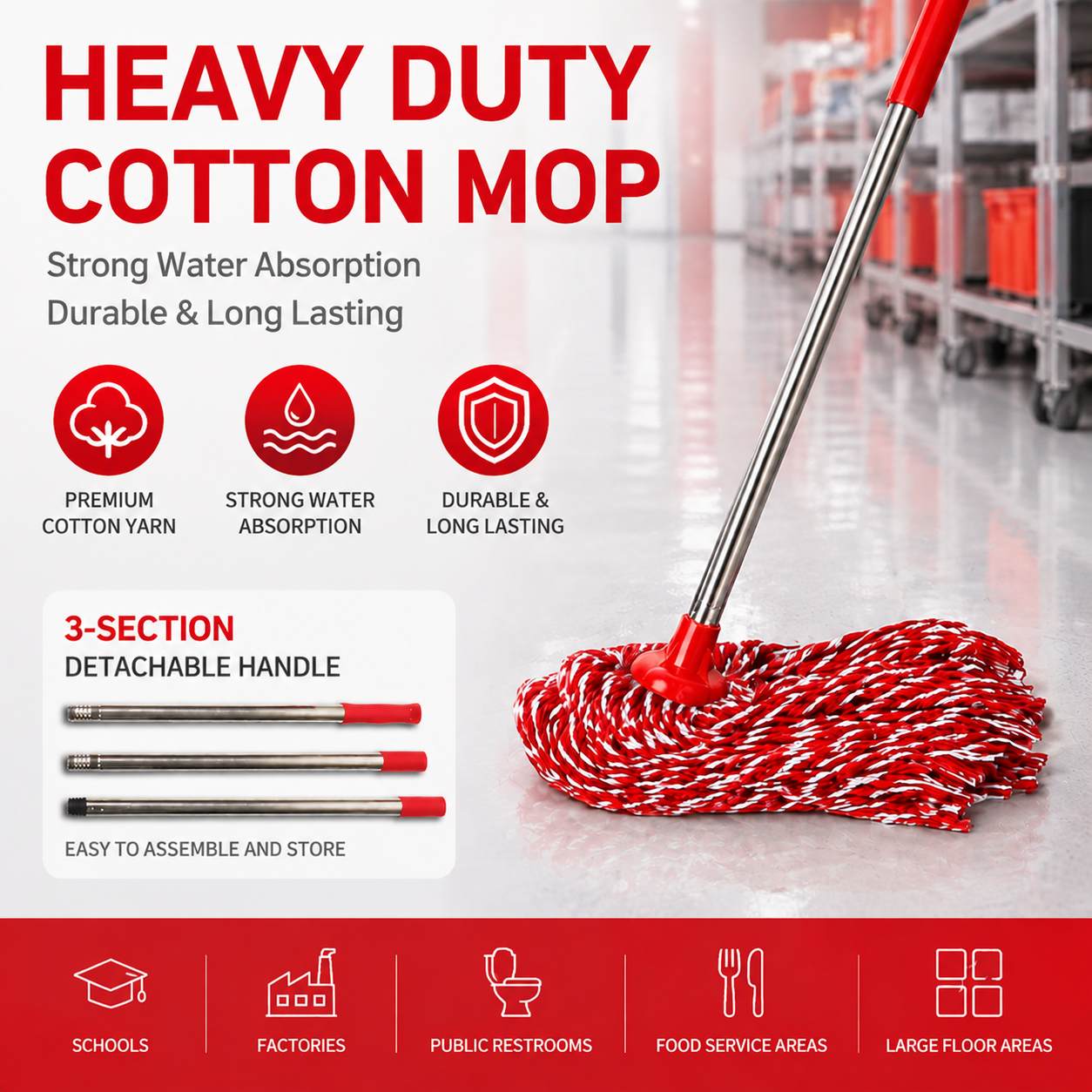 Premium Cotton Yarn Mop with 3‑Section Detachable Handle